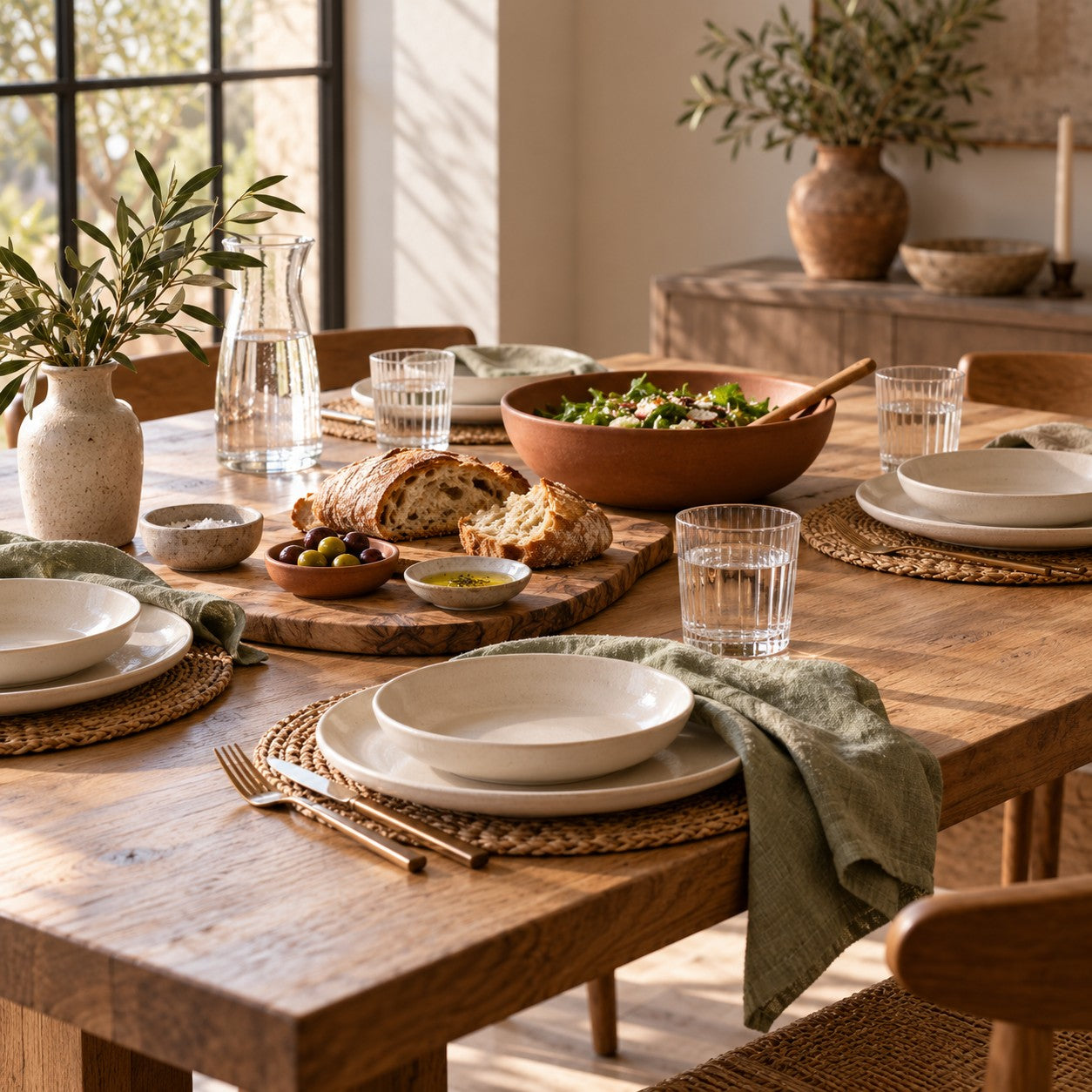 Cream tableware with wooden serving board and sage napkins
