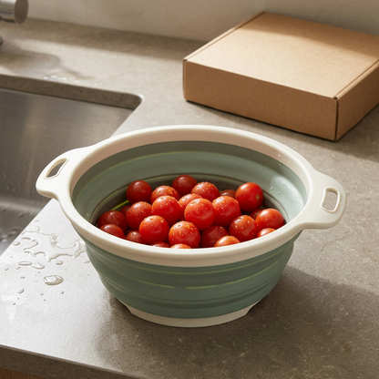 Collapsible Kitchen Colander with Sage Bowl and Ivory Rim