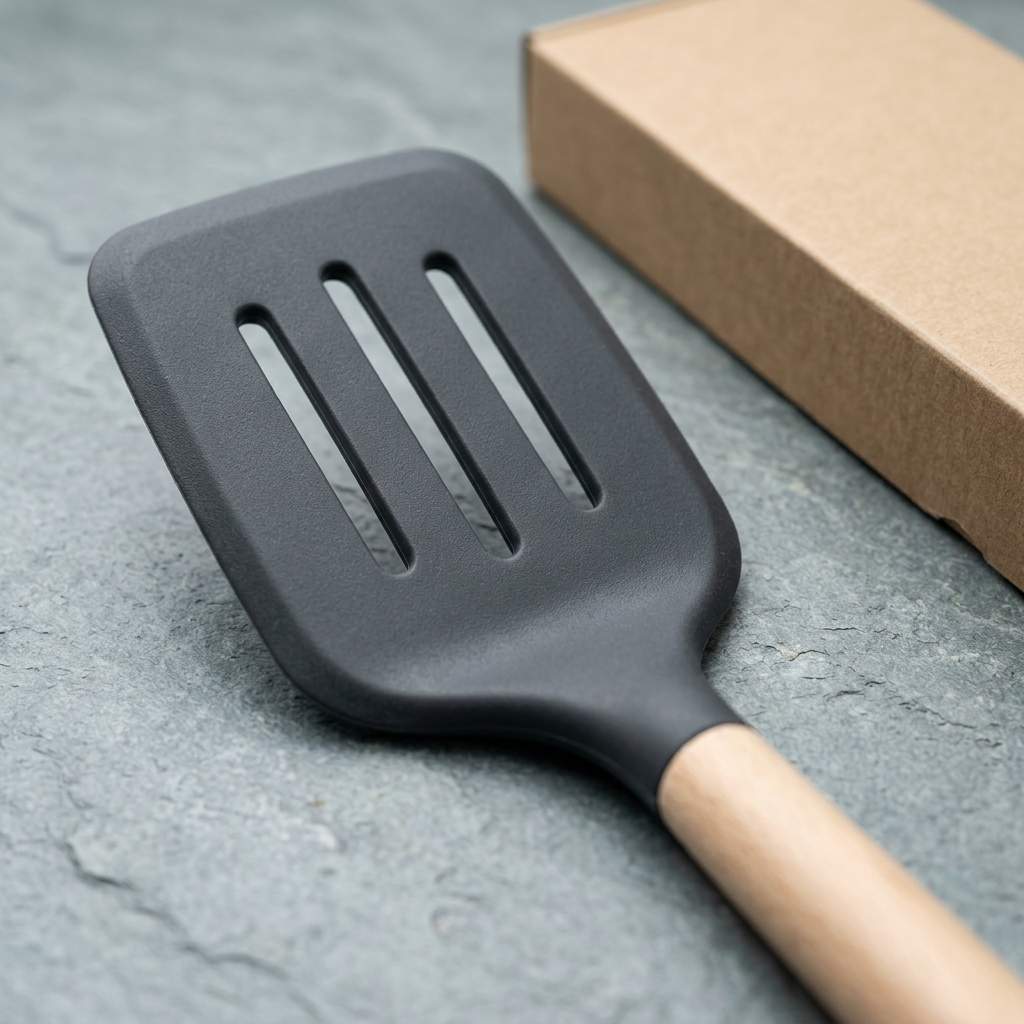 Slotted Kitchen Turner with Charcoal Head and Wood Handle
