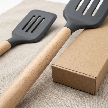 Slotted Kitchen Turner with Charcoal Head and Wood Handle