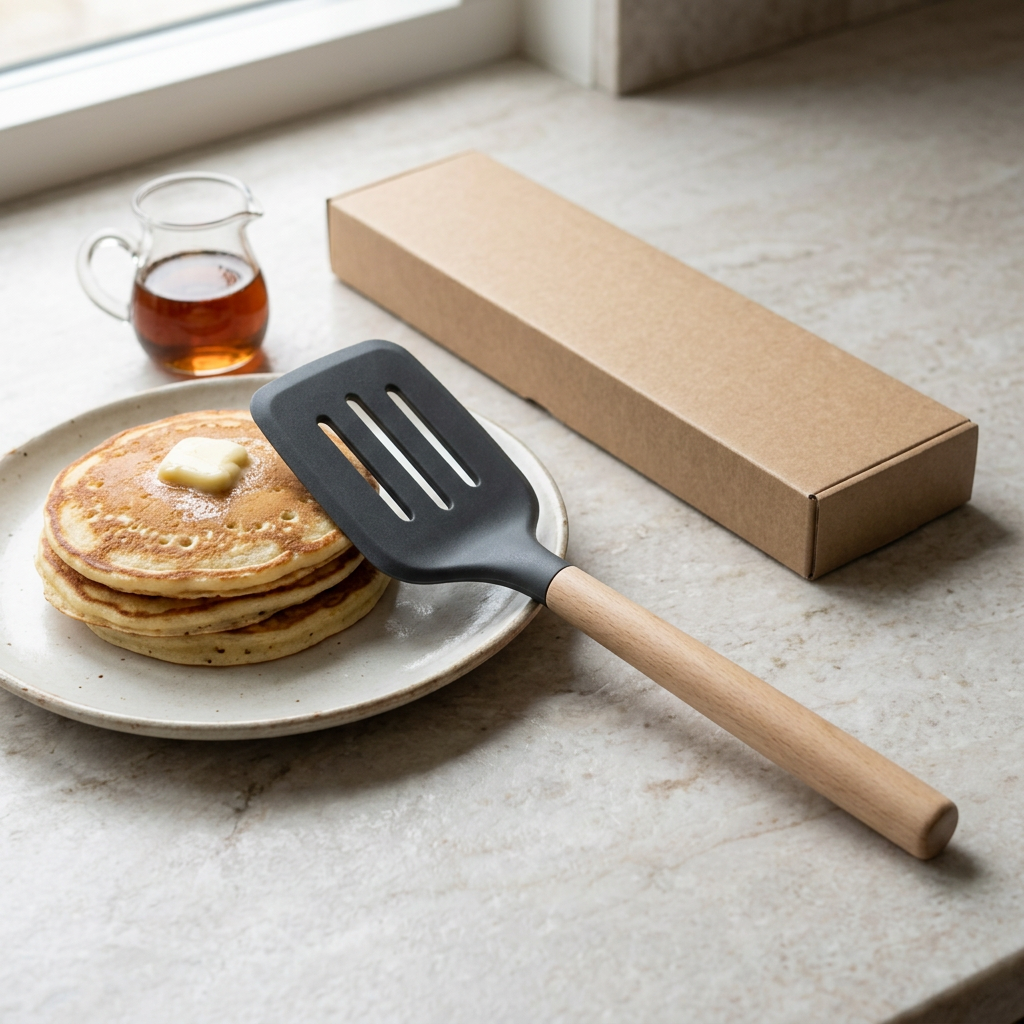 Slotted Kitchen Turner with Charcoal Head and Wood Handle