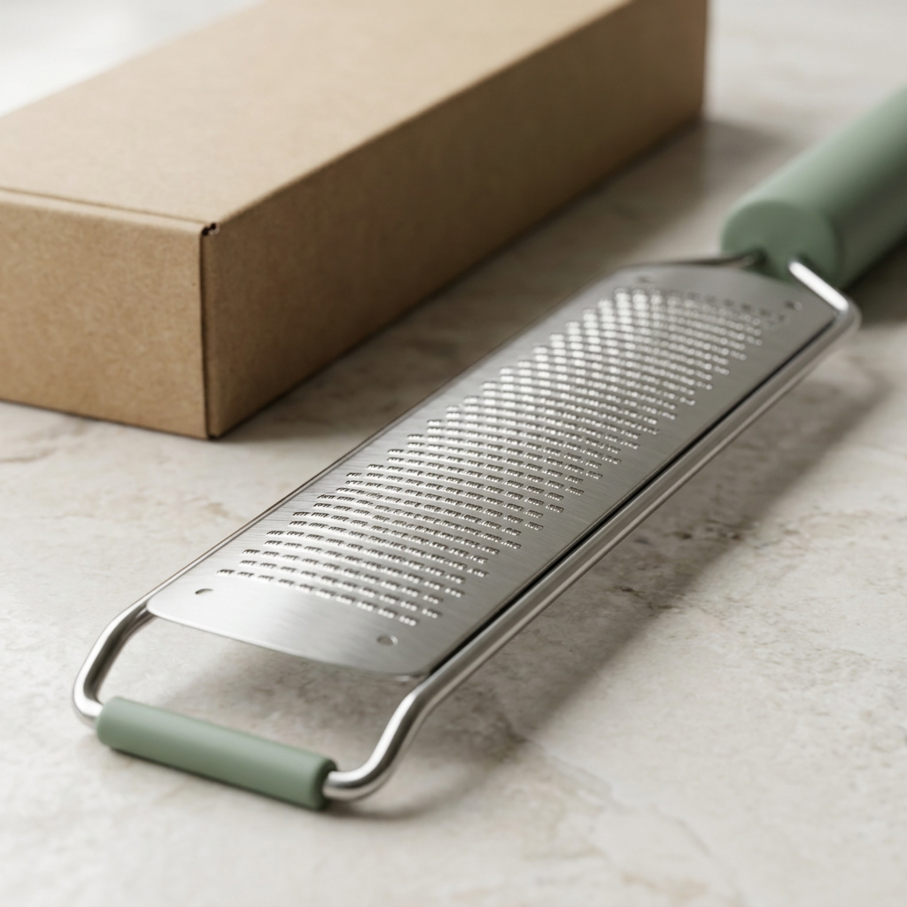 Fine Kitchen Grater with Sage Handle and Narrow Silver Surface
