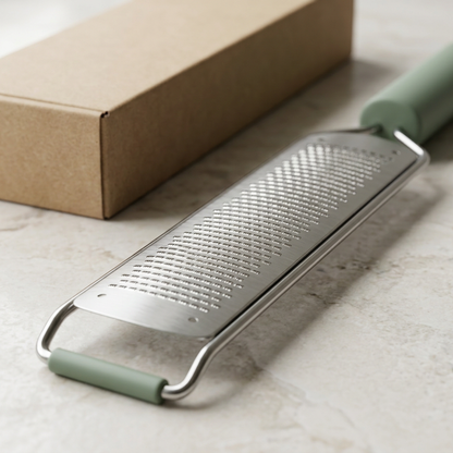 Fine Kitchen Grater with Sage Handle and Narrow Silver Surface