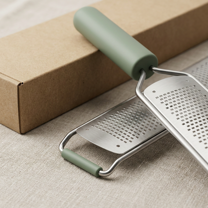Fine Kitchen Grater with Sage Handle and Narrow Silver Surface