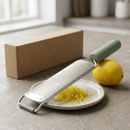Fine Kitchen Grater with Sage Handle and Narrow Silver Surface