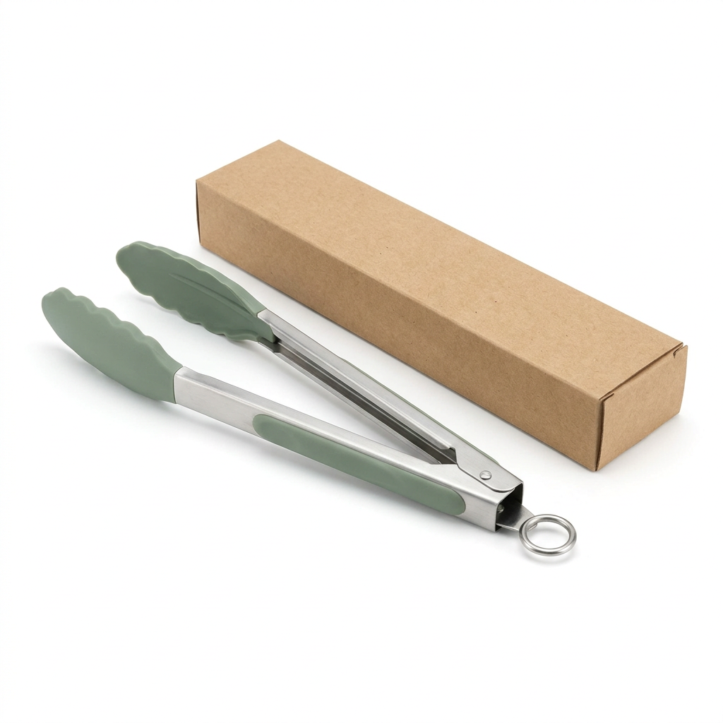 Kitchen Tongs with Sage Scalloped Tips and Pull Ring