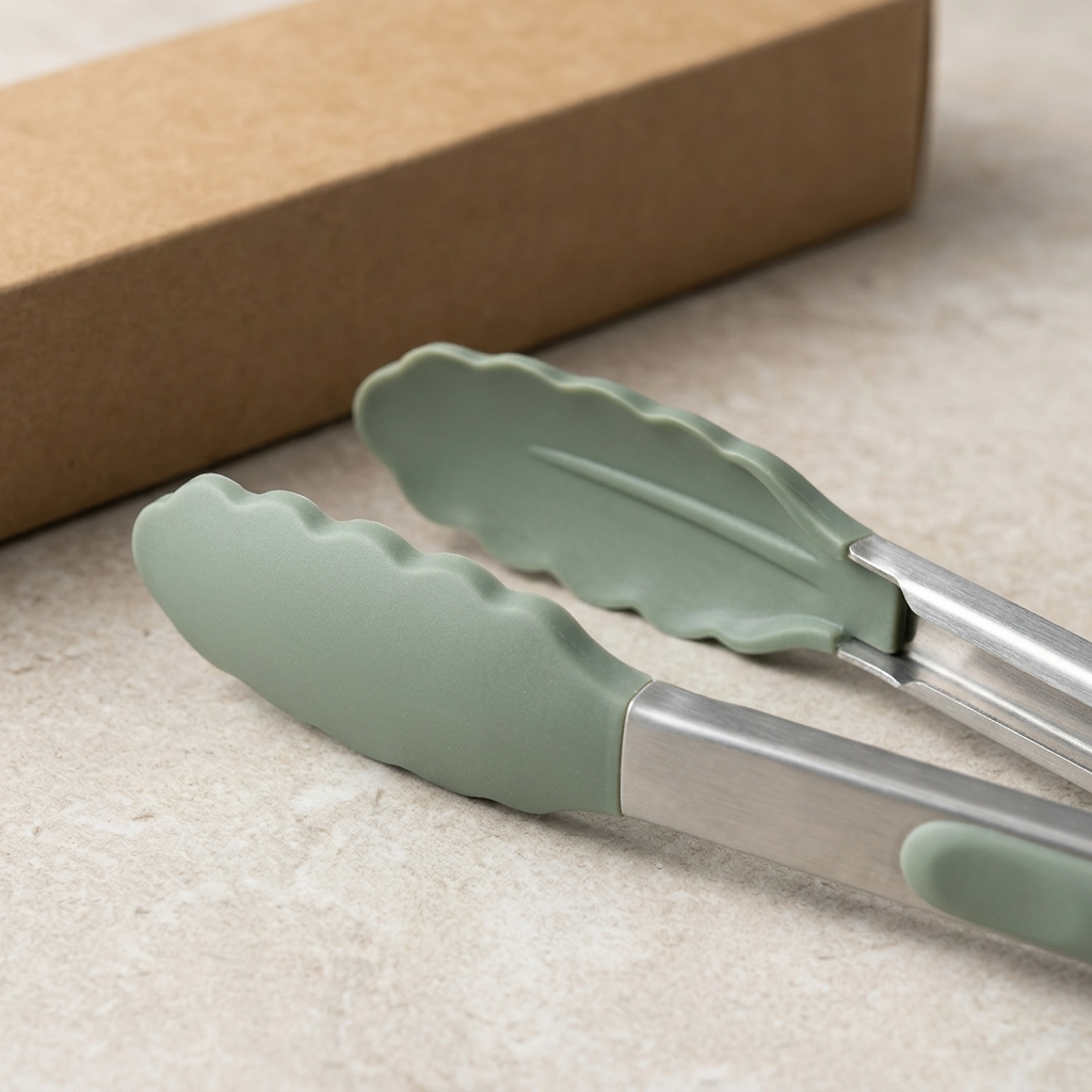 Kitchen Tongs with Sage Scalloped Tips and Pull Ring