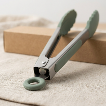 Kitchen Tongs with Sage Scalloped Tips and Pull Ring