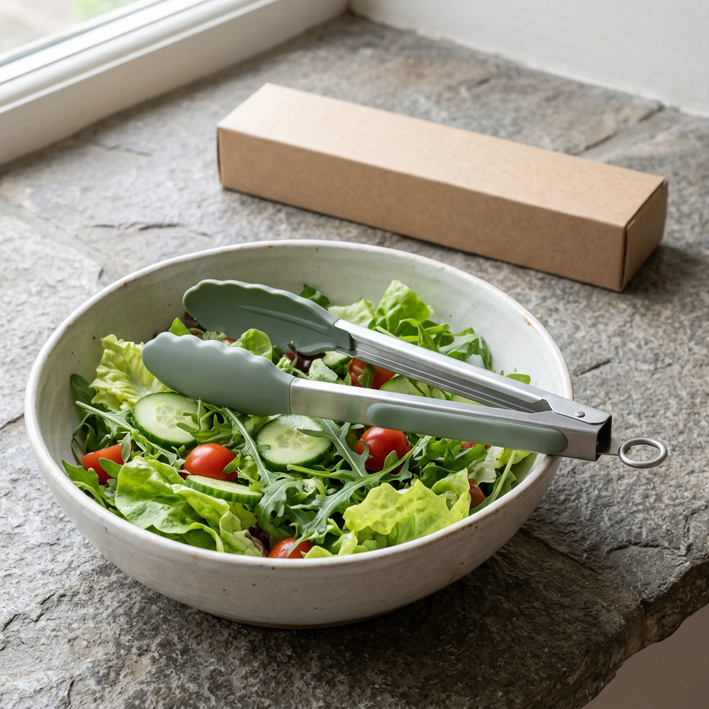 Kitchen Tongs with Sage Scalloped Tips and Pull Ring