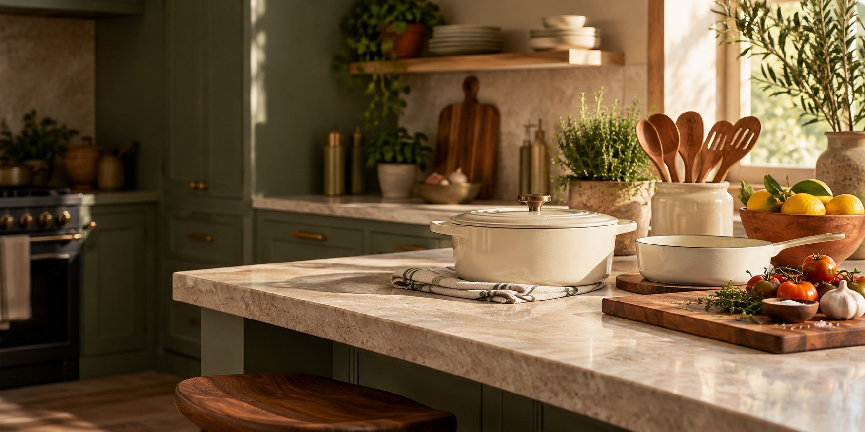 Warm contemporary kitchen with cookware and wooden utensils